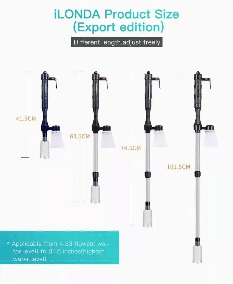 Différentes longueurs du produit iLONDA pour une pompe de changement d'eau et un nettoyeur de gravier aquarium.