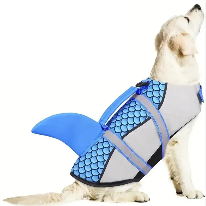 A light-colored dog wearing a blue and gray swimming life jacket designed for medium to large breeds.
