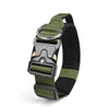A durable tactical dog collar featuring olive green and black nylon webbing and a silver buckle.