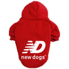 A bright red cozy fleece dog hoodie with a white New Dogs logo on the chest.