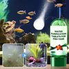 A bottle of water purification tablets for fish tanks with various fish and aquatic plants visible in the background.