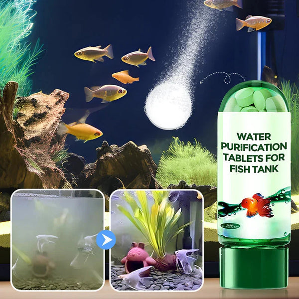Bouteille de comprimés de purification pour aquariums avec poissons et plantes visibles en arrière-plan.