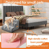 A gray pet bed and sofa featuring a padded foam ramp and stairs designed for small pets.