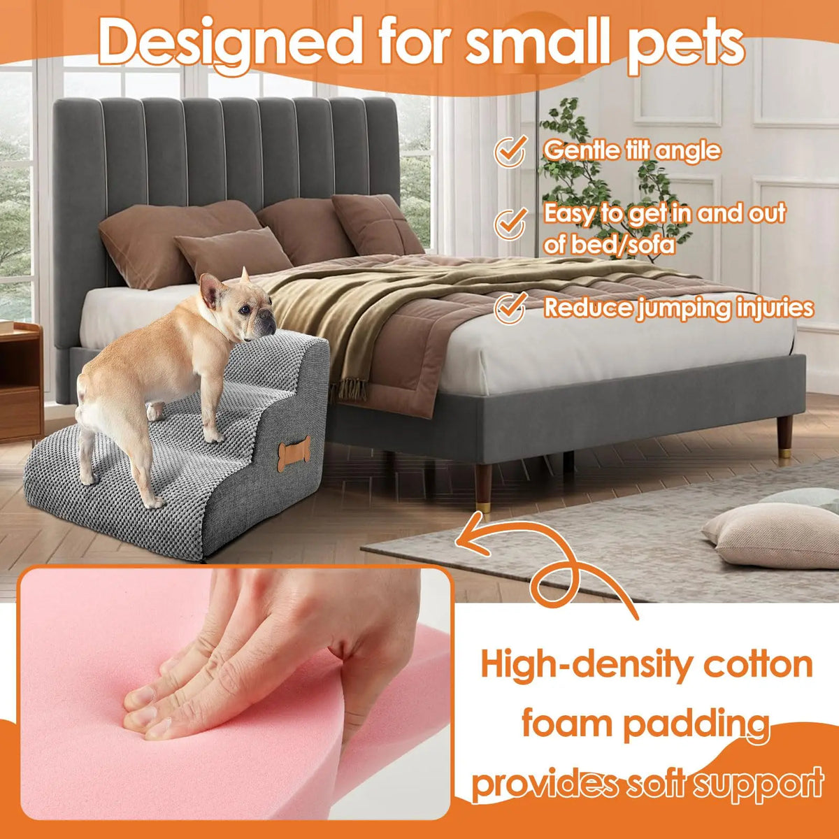 A gray pet bed and sofa featuring a padded foam ramp and stairs designed for small pets.