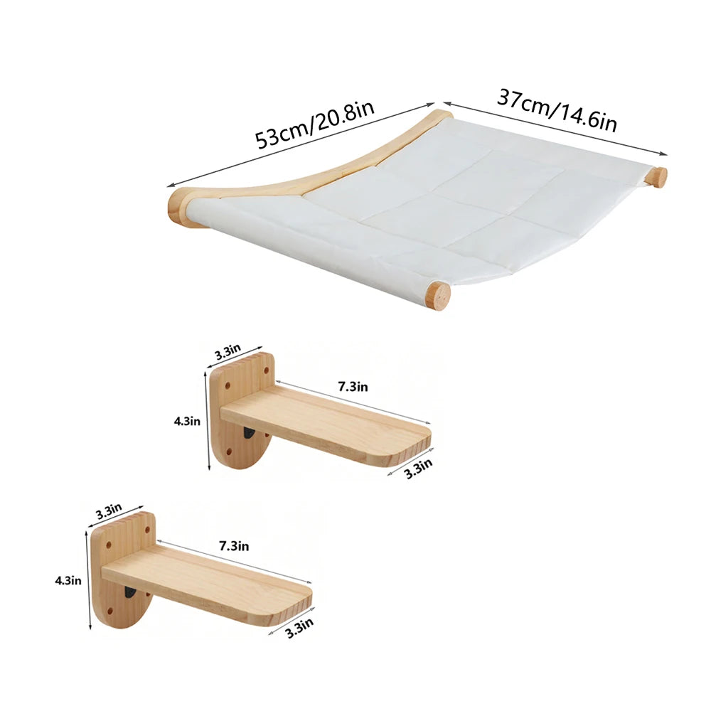 Wall mounted cat hammock and climbing shelf set with wooden components.