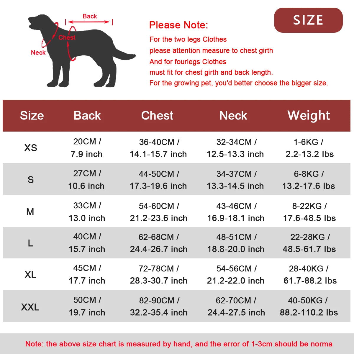Size chart for an adjustable dog life jacket showing measurements for back chest neck and leg lengths across various sizes