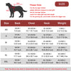 Size chart for an adjustable dog life jacket showing measurements for back chest neck and leg lengths across various sizes