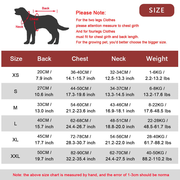 Size chart for an adjustable dog life jacket showing measurements for back chest neck and leg lengths across various sizes
