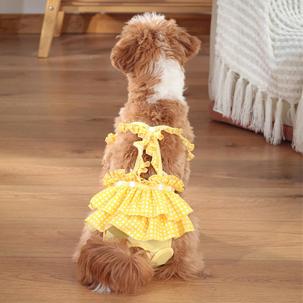A fluffy brown dog wearing yellow reusable diaper pants.