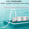 A white submersible filter pump is shown inside a clear container, demonstrating its functionality for water changing.