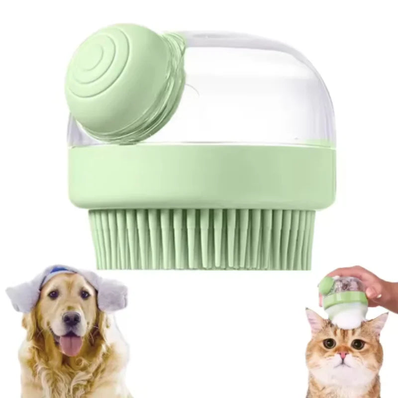 A soft silicone pet bath brush and shampoo dispenser is shown next to a dog and a cat.