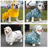 A collection of dogs wearing durable waterproof pet raincoats in various colors and patterns.