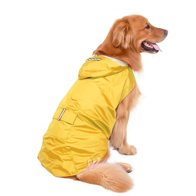 A golden retriever wearing a yellow reflective waterproof dog raincoat.