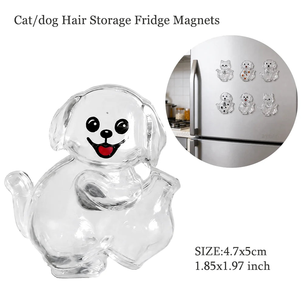 A clear glass figurine of a dog with a smiling face used as a fridge magnet for storing pet hair.