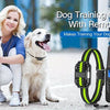 A woman holds two dogs while demonstrating a waterproof rechargeable dog training collar with remote and LED light.