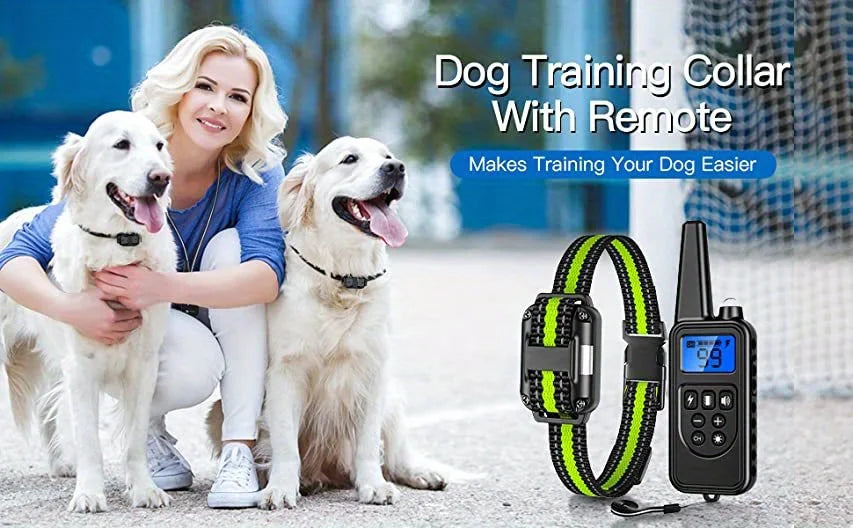 A woman holds two dogs while demonstrating a waterproof rechargeable dog training collar with remote and LED light.