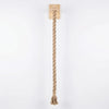 A natural fiber rope hanging from a wooden plank, used as a wall mounted cat scratching post.