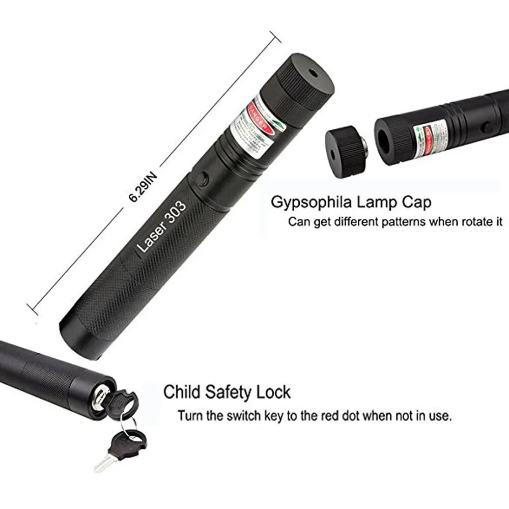 A black laser pointer with a glass lamp cap and a child safety lock is shown.