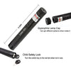 A black laser pointer with a glass lamp cap and a child safety lock is shown.