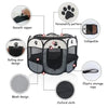 A portable foldable pet playpen shown with various features including a smooth zipper, personality pattern, collapsible desig