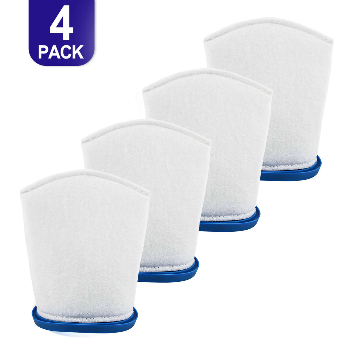 A pack of four white reusable sand and silt filter bags for pool cleaning