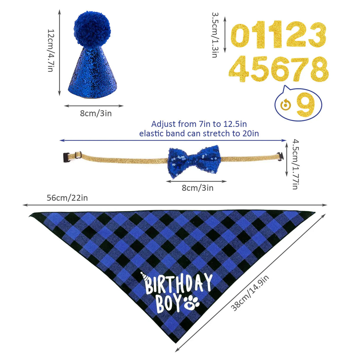 Un juego de decoración para fiesta de cumpleaños a cuadros azules y negros, incluyendo un pompón, una pajarita y una pancarta
