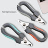 A pair of stainless steel pet nail scissors with safety stops and built-in file shown in various angles.