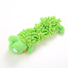 A bright green, fuzzy plush toy resembling a caterpillar is shown lying on a white background.