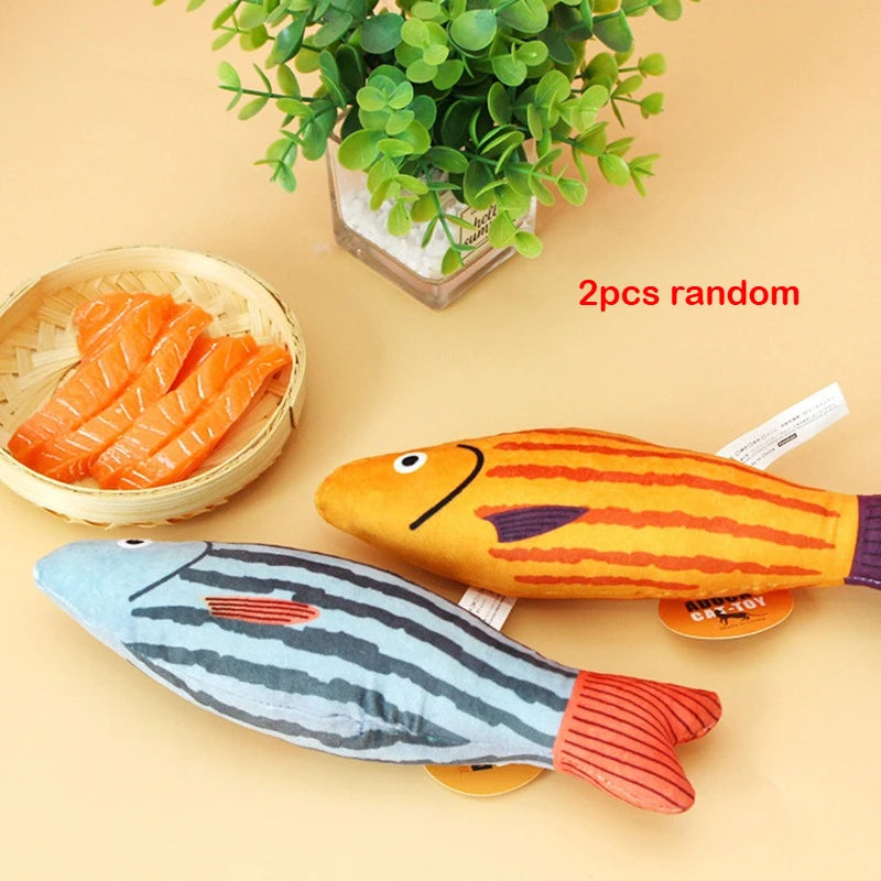 Two random lifelike 3D catnip fish plush toys, one orange and one blue, displayed on a light background.