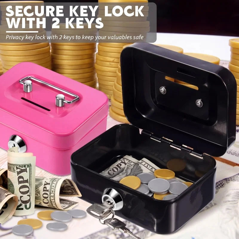 A pink portable metal cash box with a lock and two keys is shown open, revealing coins.