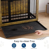 A wooden dog crate furniture with a black tray and wire mesh visible on a floor.