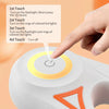 A hand is touching a round white device with an illuminated yellow ring, demonstrating touch lighting features.