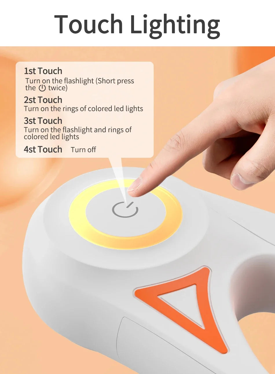 A hand is touching a round white device with an illuminated yellow ring, demonstrating touch lighting features.