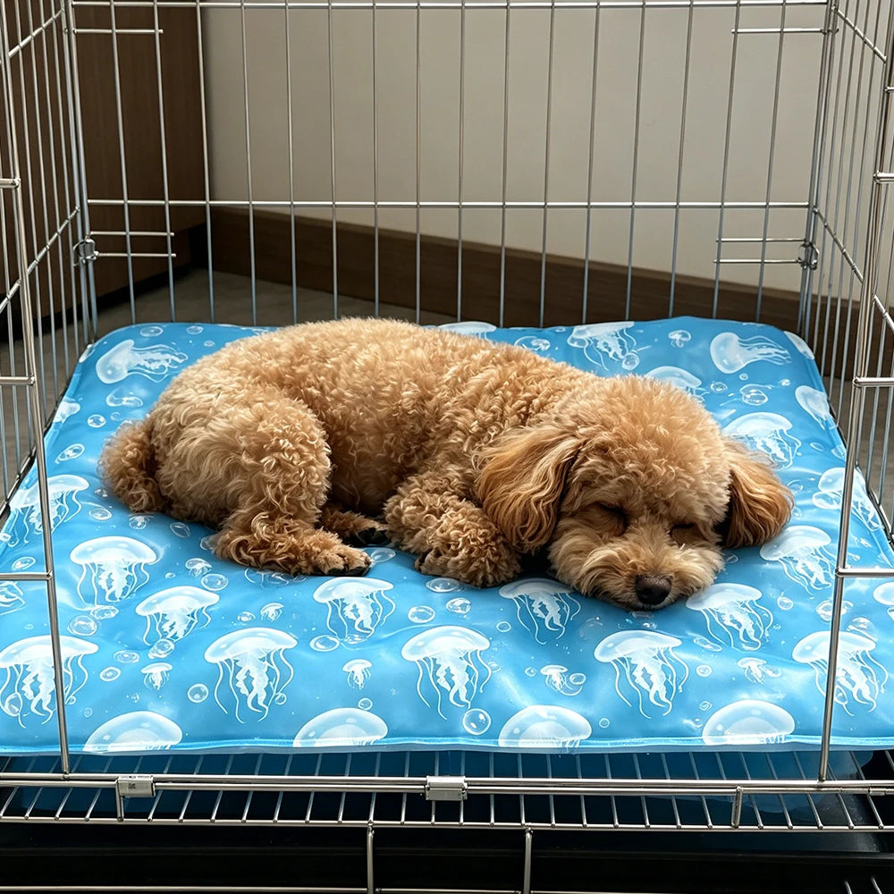 A fluffy golden-colored dog is resting on a blue cooling gel pet mat inside a wire cage.
