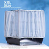 An XXL size universal anti-splash bird cage cover made of clear plastic protecting a dark cage.