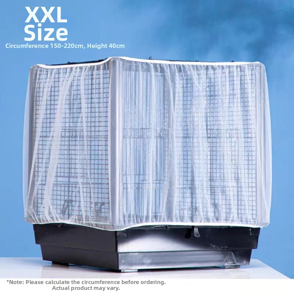 An XXL size universal anti-splash bird cage cover made of clear plastic protecting a dark cage.