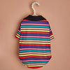 A colorful striped polo shirt for a small dog hanging on a hook.