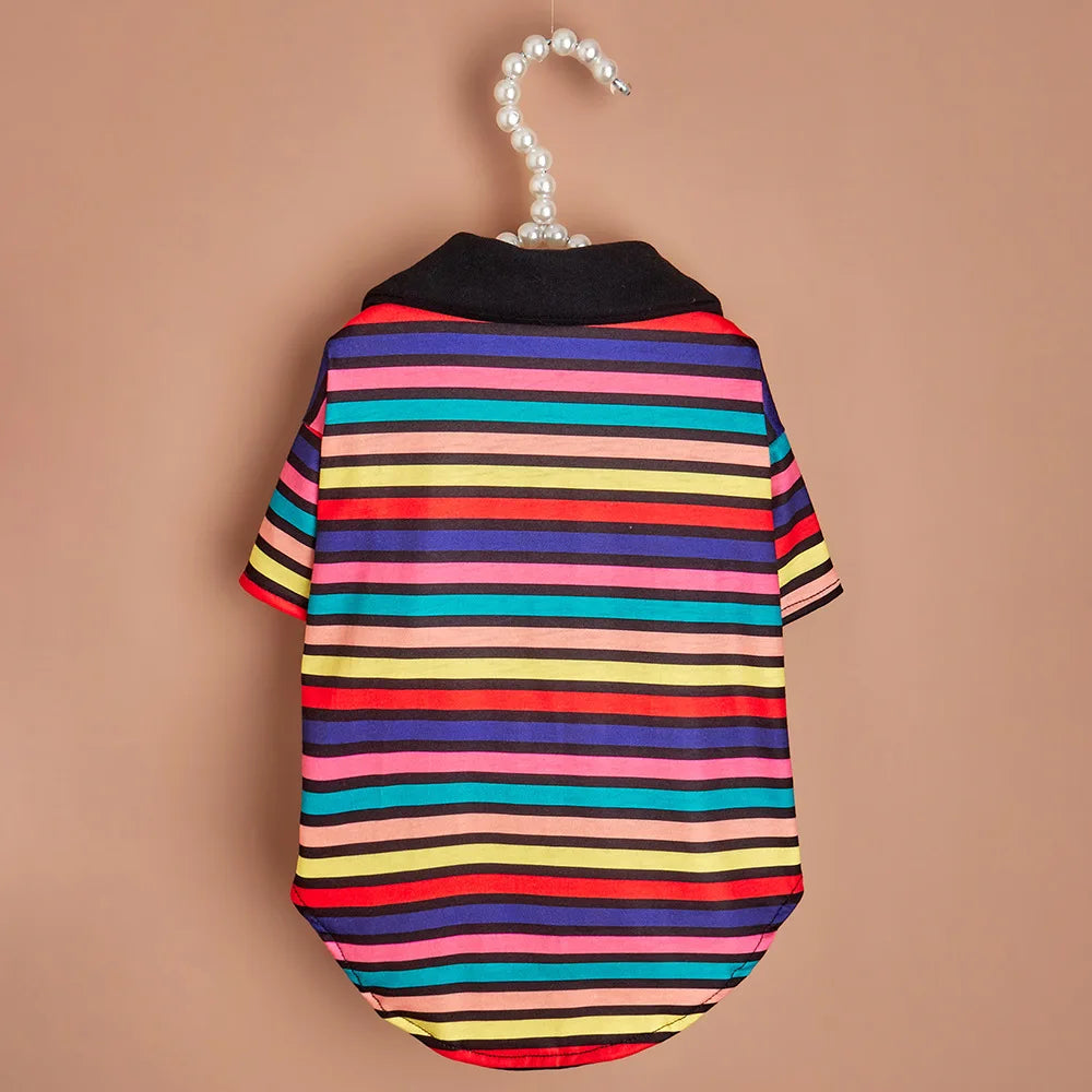 A colorful striped polo shirt for a small dog hanging on a hook.