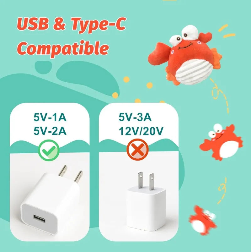 An orange plush crab toy is shown with compatibility indicators for USB and Type-C connections.