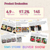A product evaluation screen showing a 4.9 score, 97.2% seller rating, and 145 subscribers for a two-sided pet grooming brush.