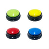 Three colored buttons for pet training, including lime green, yellow, and red, with black bases.