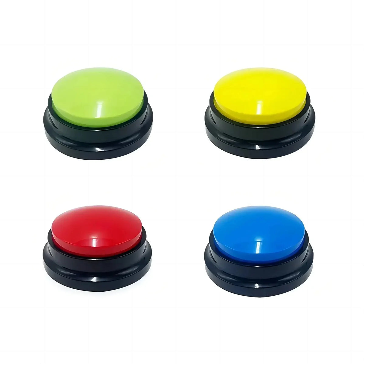 Three colored buttons for pet training, including lime green, yellow, and red, with black bases.