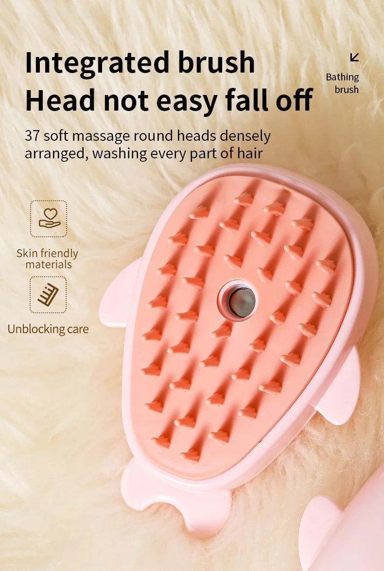 A pink integrated brush with round heads is shown on a white fluffy surface.