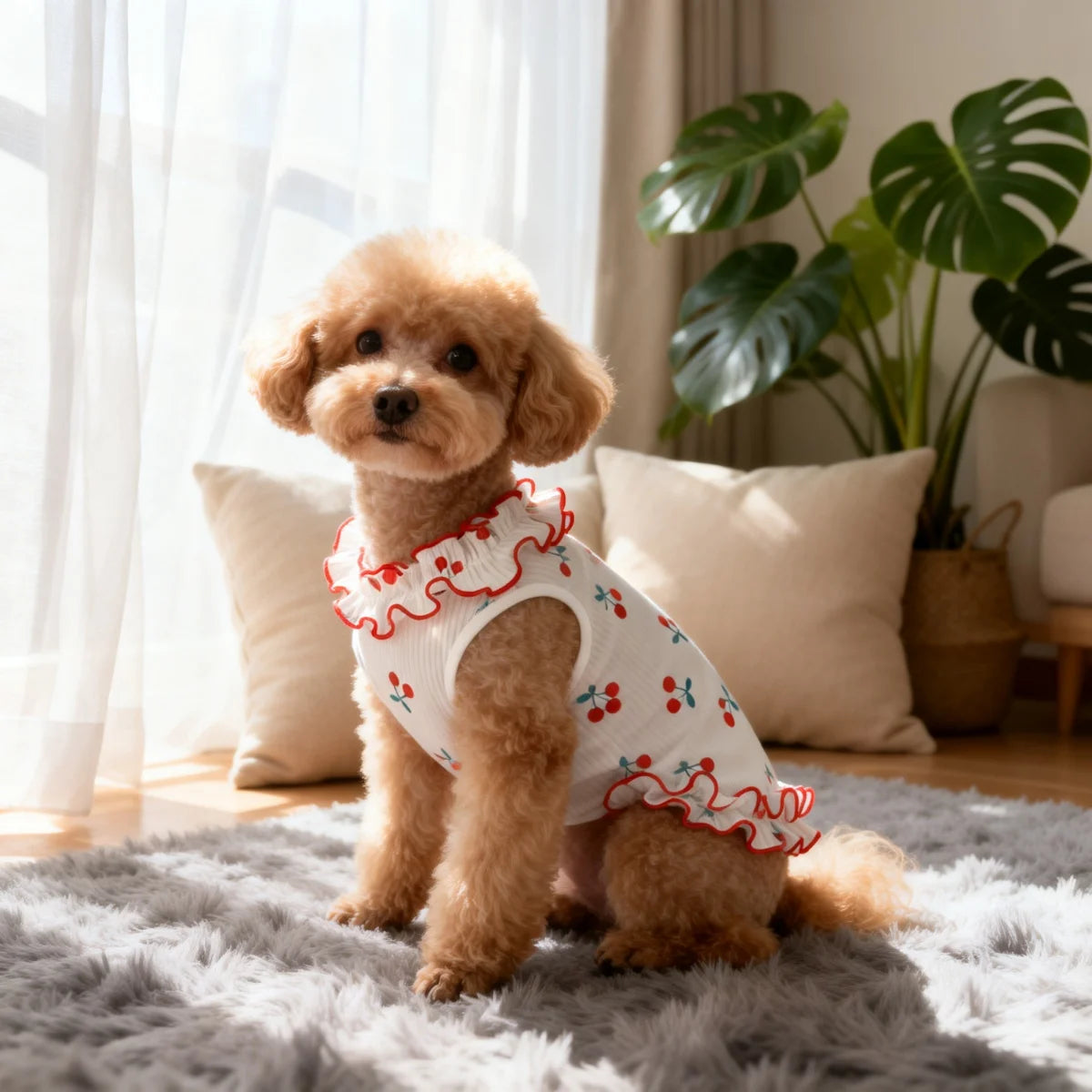 A fluffy light brown dog is wearing a white pet dress with red cherry ruffle trim, sitting on a gray rug.