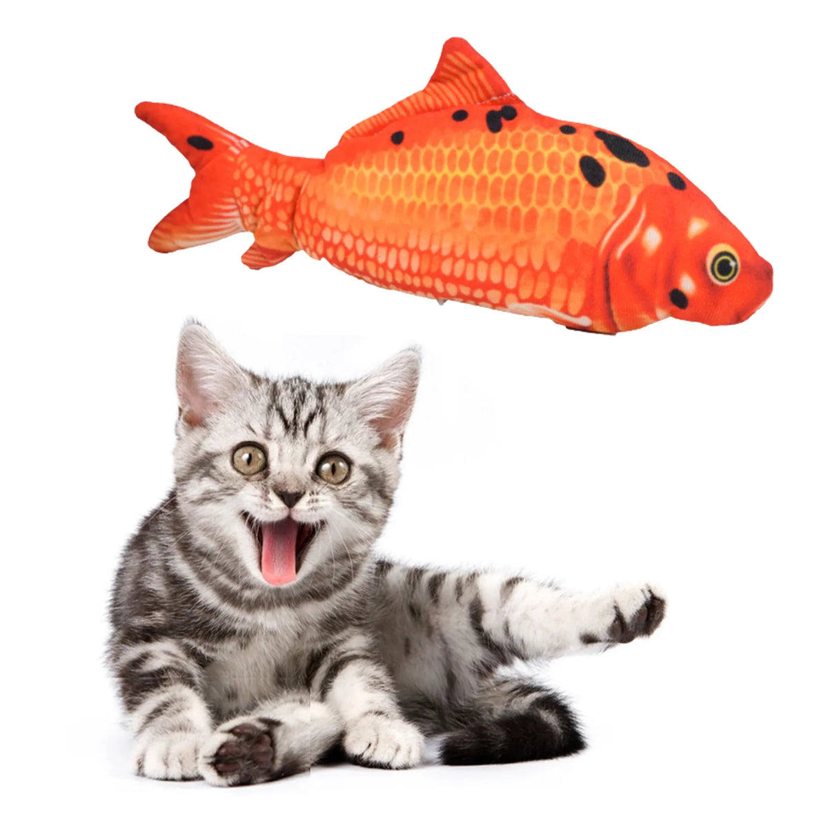 An orange and black betta fish toy next to a playful kitten.