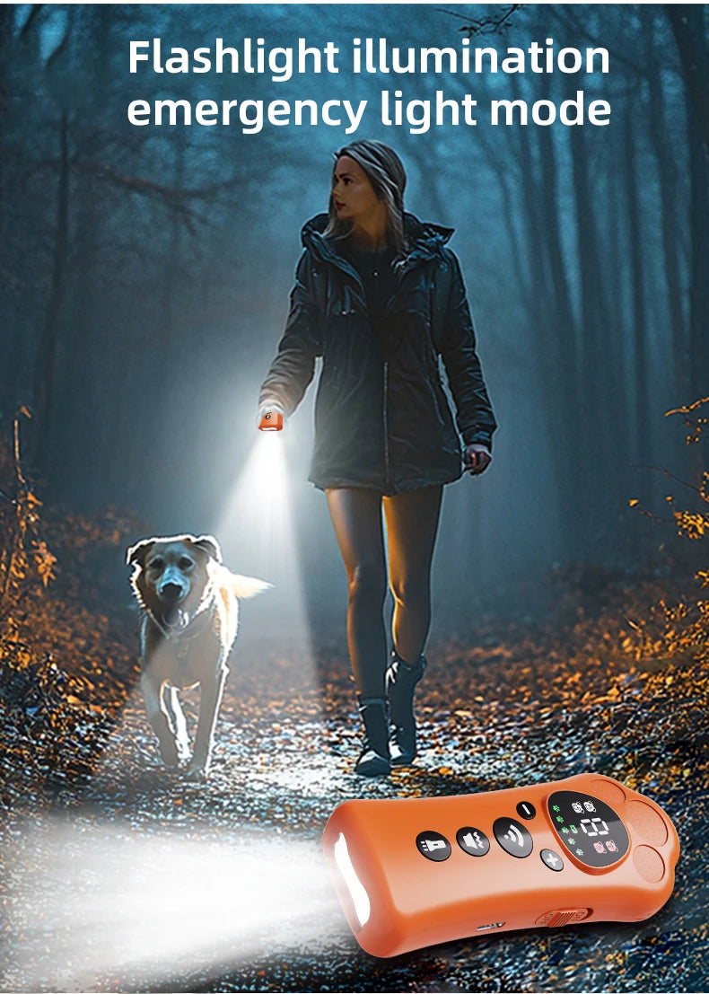 An orange flashlight illuminating a dog in a forest setting, demonstrating emergency light mode.