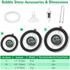 Diagram showing dimensions and weights of bubble stone accessories: S, M, and L sizes with corresponding diameters and recomm