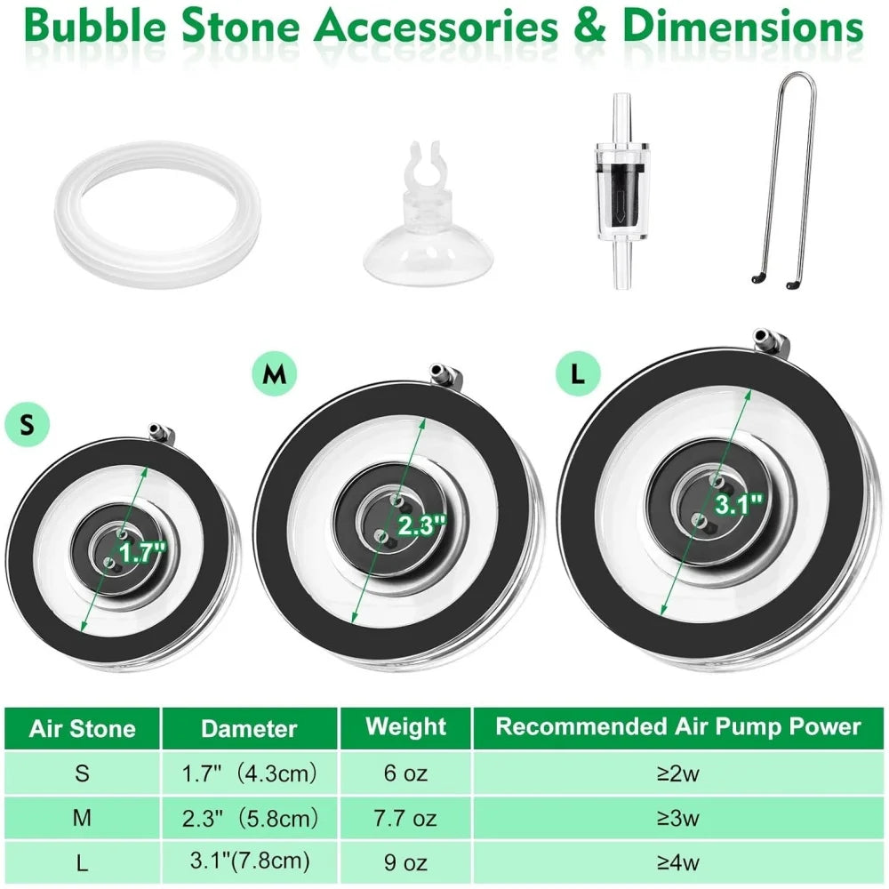 Diagram showing dimensions and weights of bubble stone accessories: S, M, and L sizes with corresponding diameters and recomm