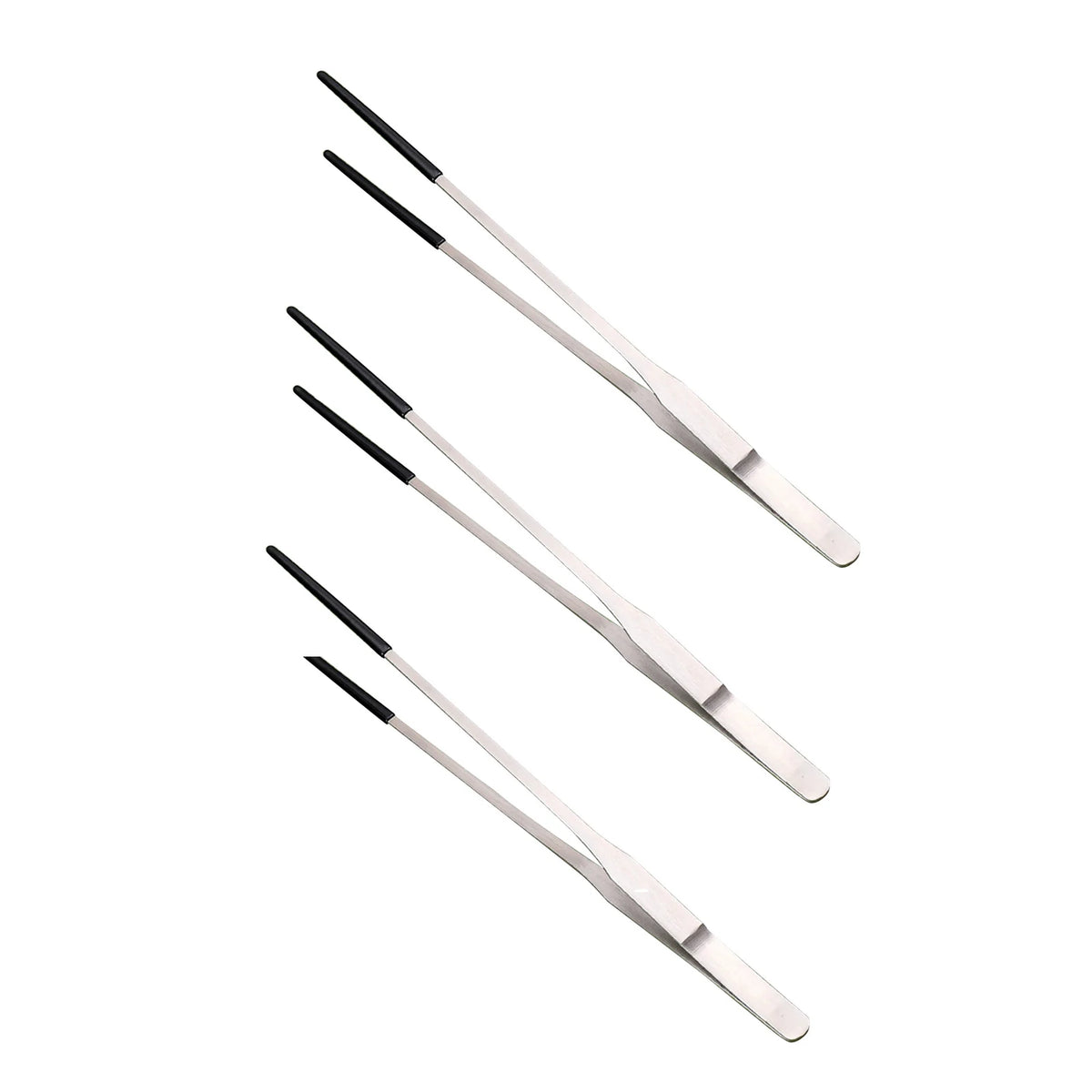 A set of stainless steel reptile feeding tongs with rubber tips.