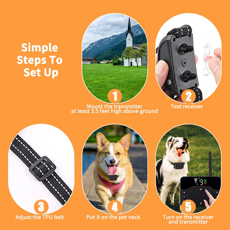 Five steps showing how to set up a dual function dog training collar for electric fence and remote training